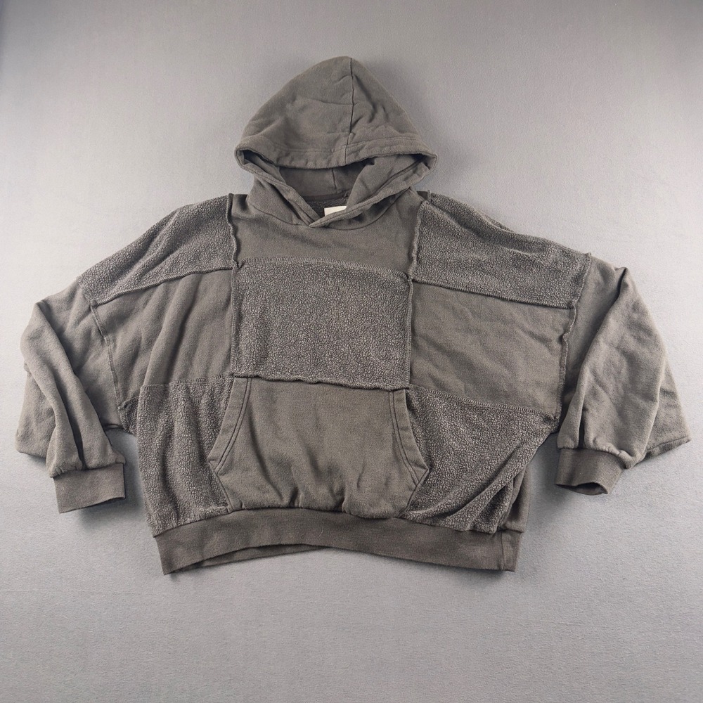 Aerie Womens Patchwork Oversized Hoodie Charcoal Grey Mixed Media Pullover M
